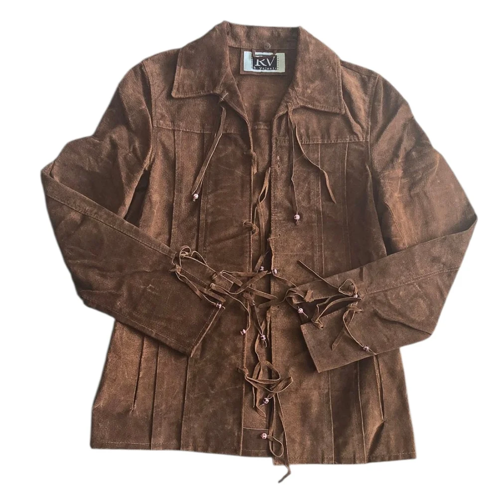 Brown Suede Women's Jacket With Fringes, Genuine Leather - Picture 3 of 7
